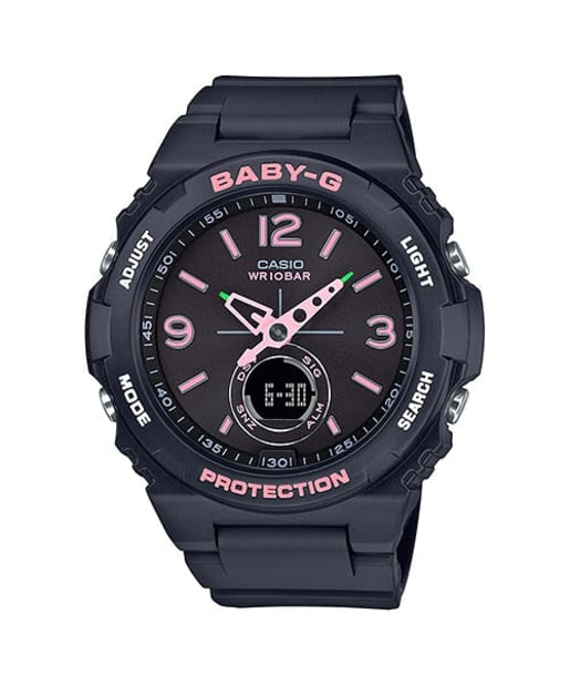 CASIO BGA-260SC-1ADR BABY-G 雙顯粉紅色錶盤女裝手錶 - 黑色錶款配粉紅色點綴,正面白色背景