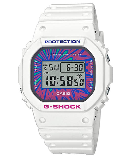 CASIO DW-5600DN-7DR G-Shock 樹脂錶帶 200米防水 - 白色錶款配紮染圖案錶面點綴,正面白色背景