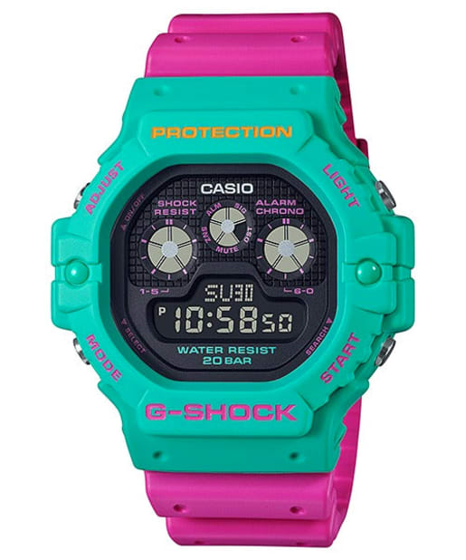 CASIO DW-5900DN-3DR G-SHOCK 男士數碼指針式腕錶 - 藍綠配粉紅色錶款,正面白色背景