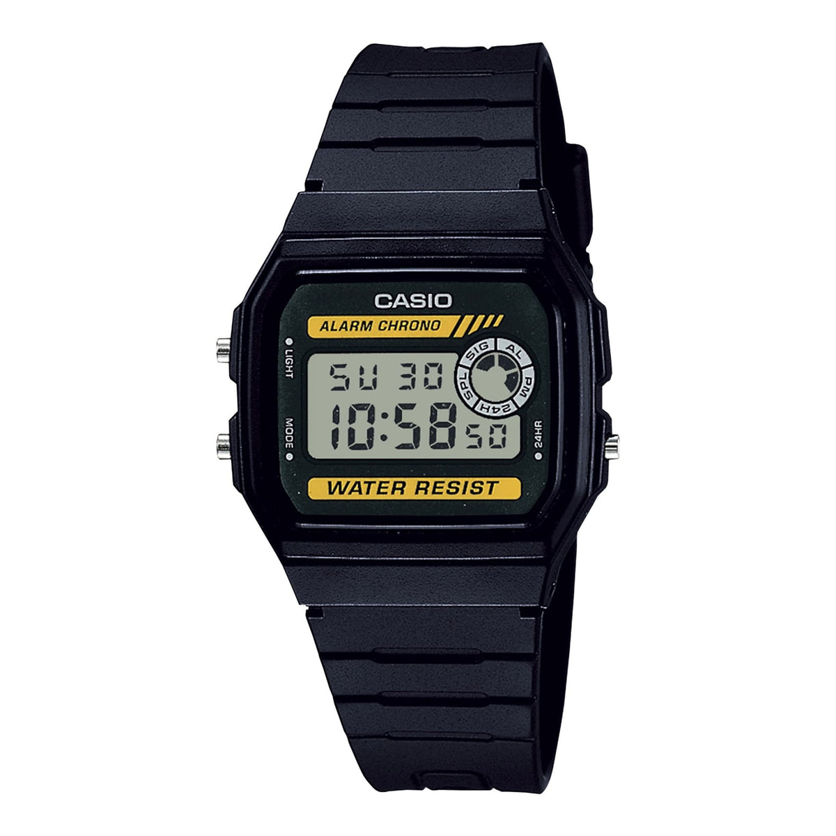 CASIO F-94WA-9DG 男士數碼多功能黑色橡膠手錶 - 黑色電子錶,正面白色背景