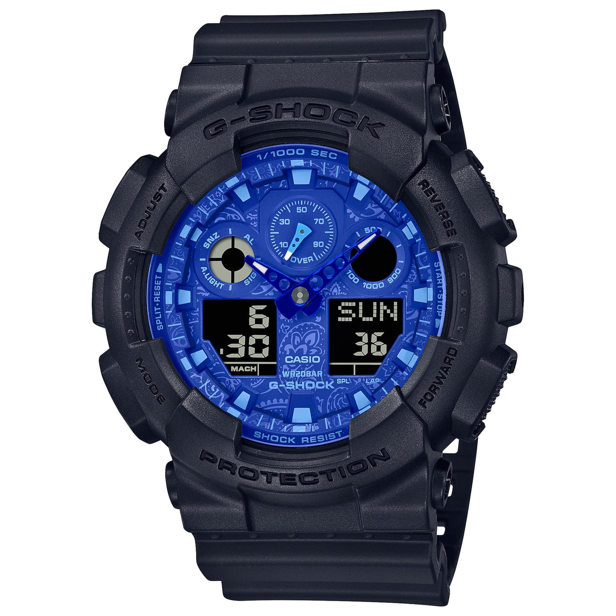 CASIO GA-100BP-1AER G-Shock 藍色佩斯利運動手錶 - 黑色錶款配藍色佩斯利花紋錶面,正面白色背景