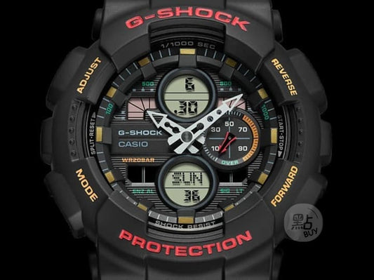 CASIO GA-140-1A4ER G-Shock 200M 防水 防震 - 黑色背景下指針電子雙顯錶面特寫