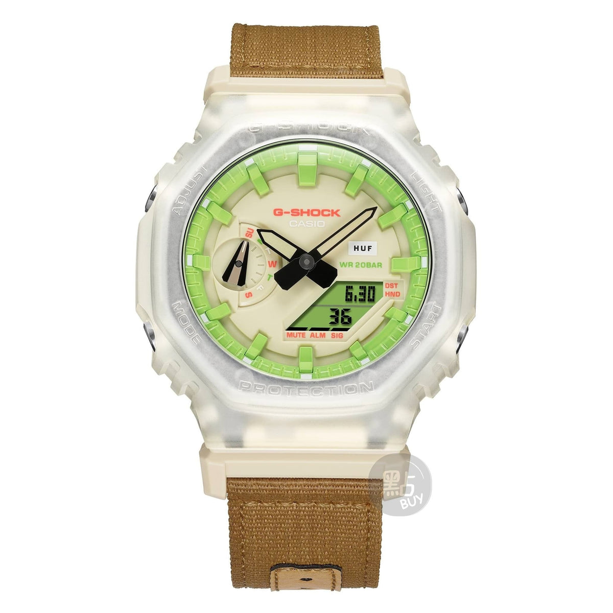 CASIO GA-2100HUF-5AER G-Shock 石英米色透明中性手錶 - 手錶正對鏡頭正面圖,配棕褐色帆布錶帶