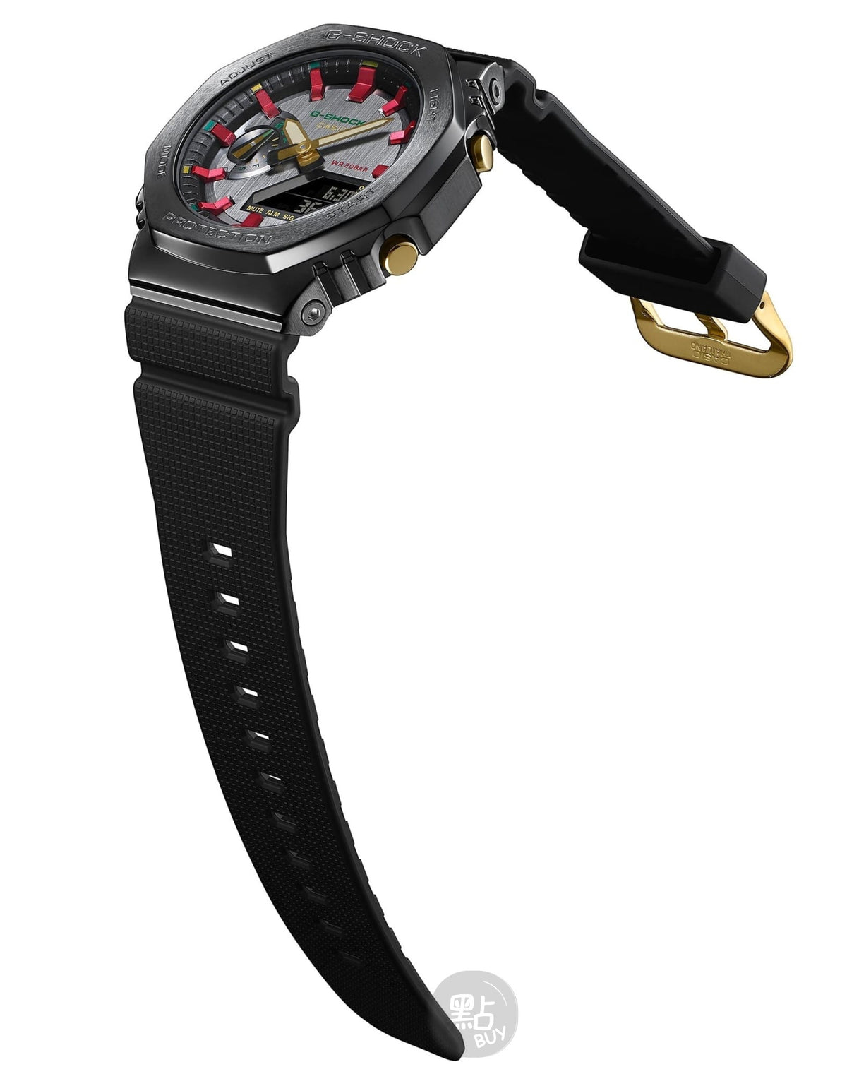 CASIO GM-2100CH-1ADR G-Shock 樹脂錶帶 200-meter 防水 - 斜側面圖,展示錶帶及金色錶扣