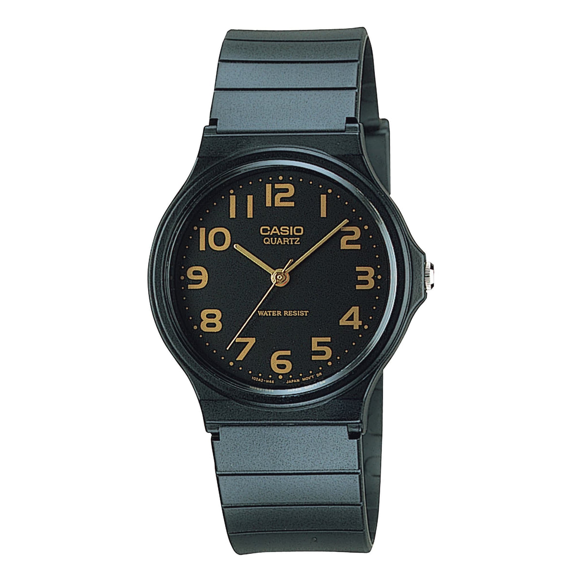 Casio MQ-24-1B2LDF 標準手錶 - 黑色錶款配金色錶面,正面白色背景