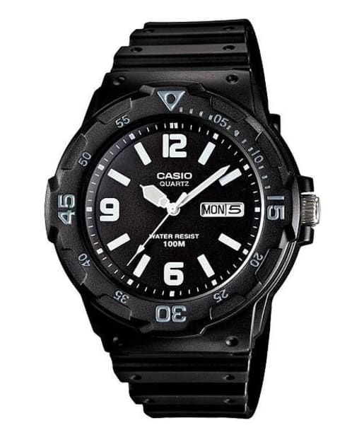 CASIO MRW-200H-1B2VDF 黑色樹脂手錶 - 黑色潛水風格錶款配旋轉錶圈,正面白色背景