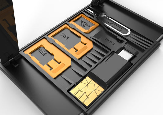 Three-in-one compact design Sim card holder kit with Sim adapters, SIM card tray opener pins, USB + OTG Micro-SD card reader and phone stand for frequent world travelers phone stand memory card reader