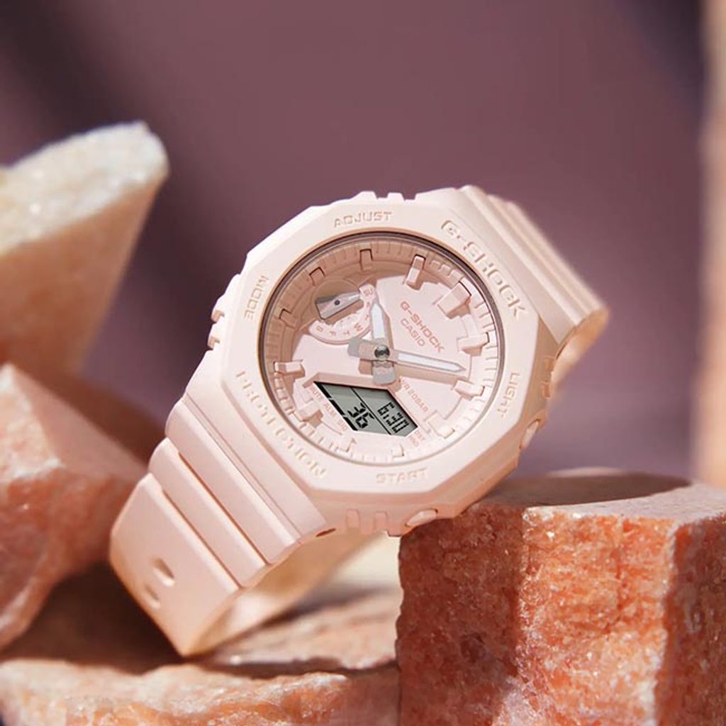 CASIO GMA-S2100BA-4AER 女性皮革 G-Shock 指針數字粉紅色錶盤手錶
