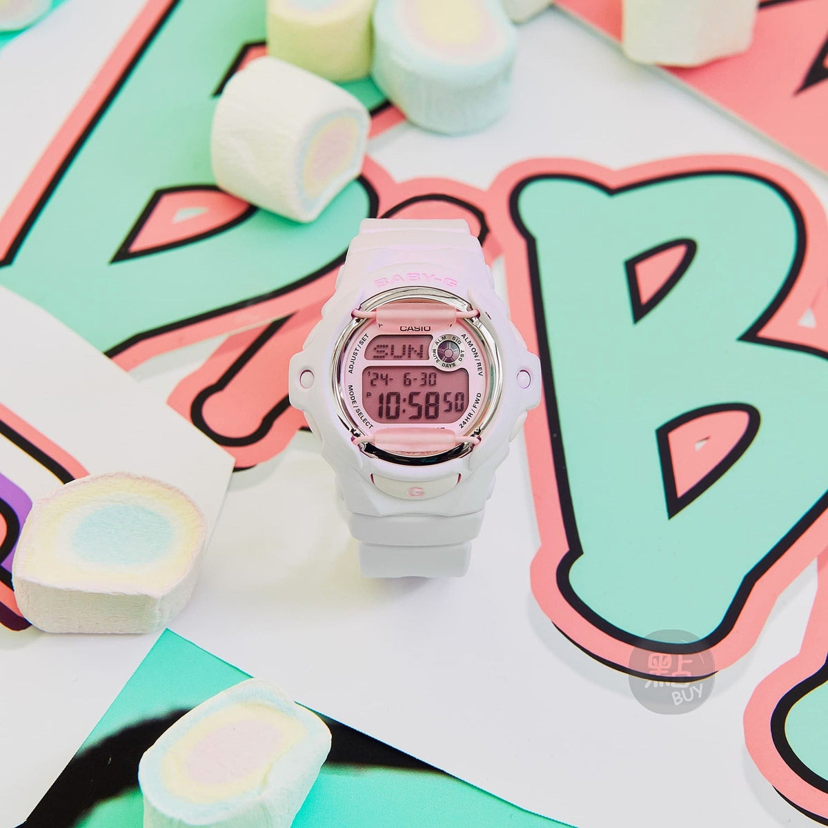 CASIO BG-169M-4DR BABY-G 女裝手錶 樹脂玻璃 粉紅色 - 平放構圖照，配粉彩棉花糖道具