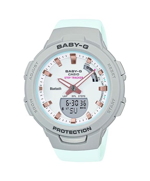 CASIO BSA-B100MC-8AER BABY-G - 灰色配薄荷綠錶款，正面白色背景