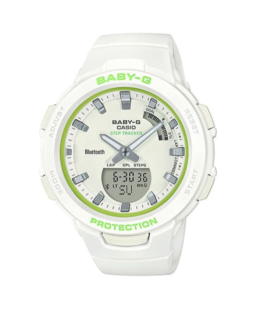 CASIO BSA-B100SC-7AER 女裝 指針數字雙顯石英手錶 樹脂錶帶 - 白色計步電子錶配綠色點綴，正面白色背景