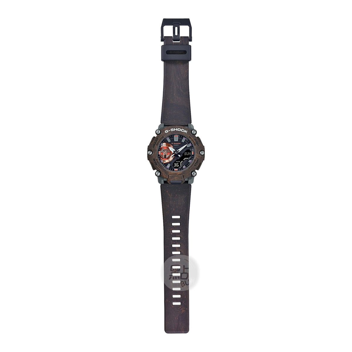 CASIO GA-2200MFR-5AER G-Shock 樹脂錶帶 200米防水 - 全身圖，展示玫瑰金錶面點綴及錶帶