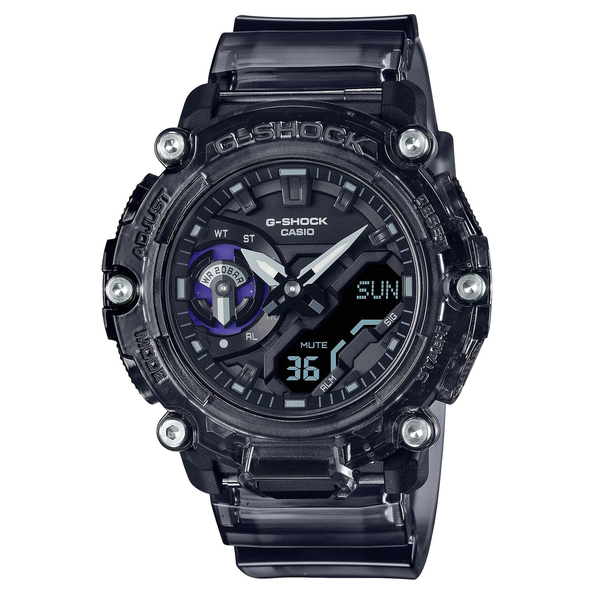CASIO GA-2200SKL-8AER G-Shock 樹脂錶帶 200米防水 - 半透明黑色錶款，正面白色背景