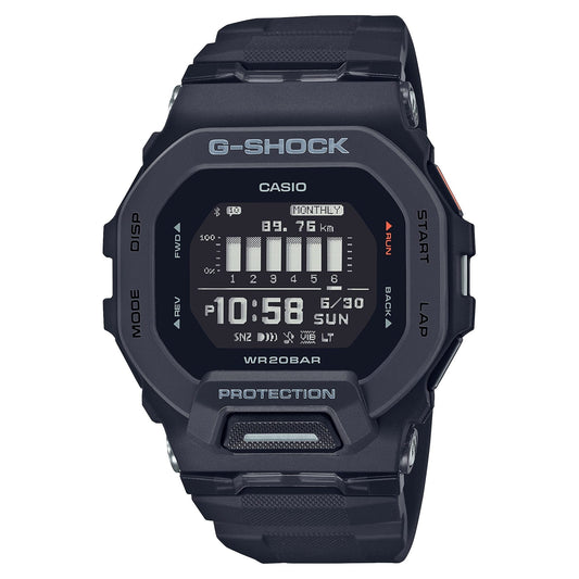 CASIO GBD-200-1DR G-Squad GBD-200 系列手錶 - 運動電子錶正面圖，白色背景展示跑步數據