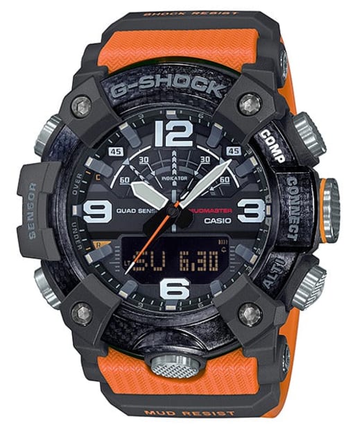 CASIO GG-B100-1A9ER G-Shock 樹脂錶帶 200米防水 - Mudmaster黑橙色錶款，正面白色背景