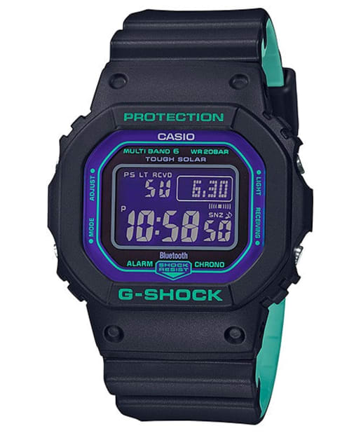 CASIO GW-B5600BL-1DR DIGITAL 5600 SERIES 手錶 - 黑色錶款配紫色及藍綠色點綴，正面白色背景