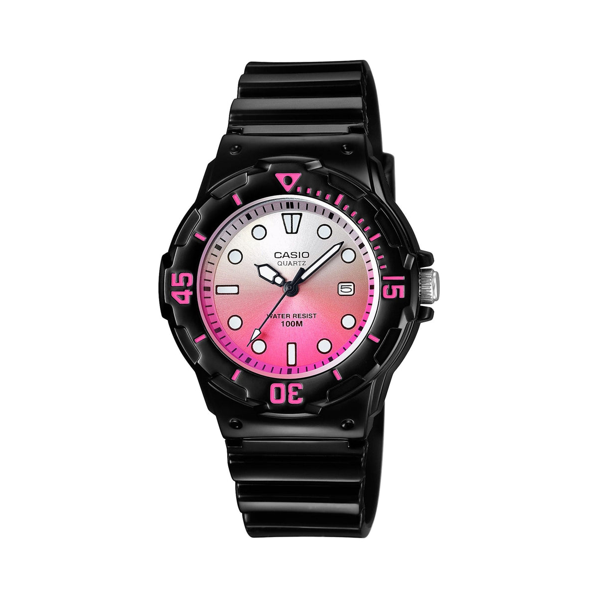 CASIO LRW-200H-4EVDF POP 黑粉色手錶 - 黑色錶款配粉紅漸變錶面，正面白色背景