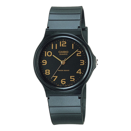 Casio MQ-24-1B2LDF 標準手錶 - 黑色錶款配金色錶面，正面白色背景